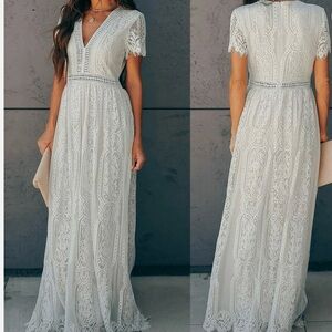 Women’s Floral Crochet Lace Maxi Sz. L Gray v-neck Dress Boho Cottage core Lined